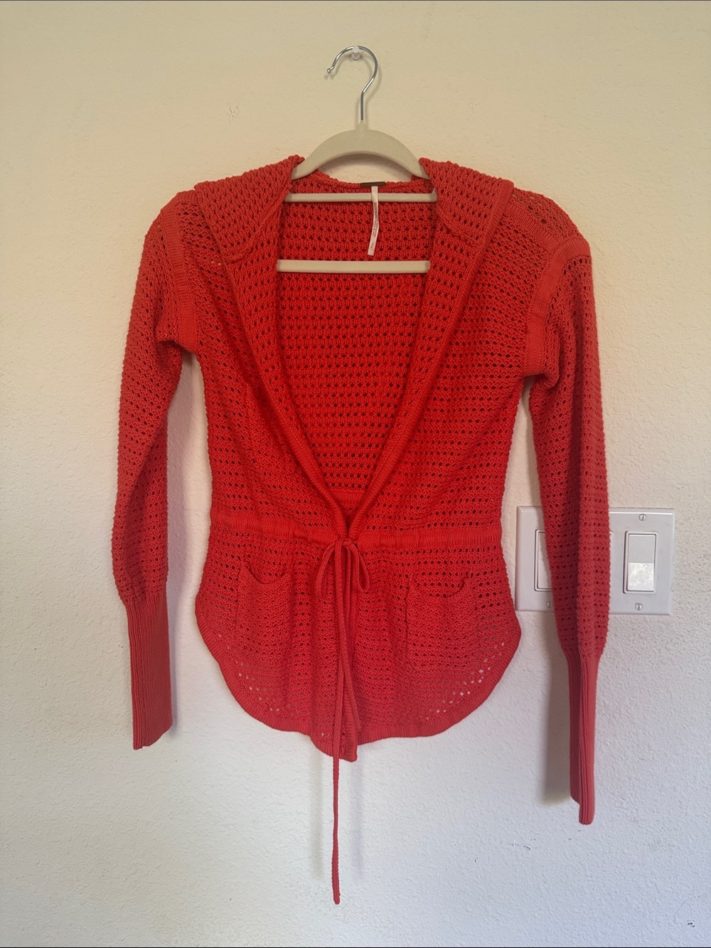 Free People Coral Red Open-Knit Tie-Waist Cardigan